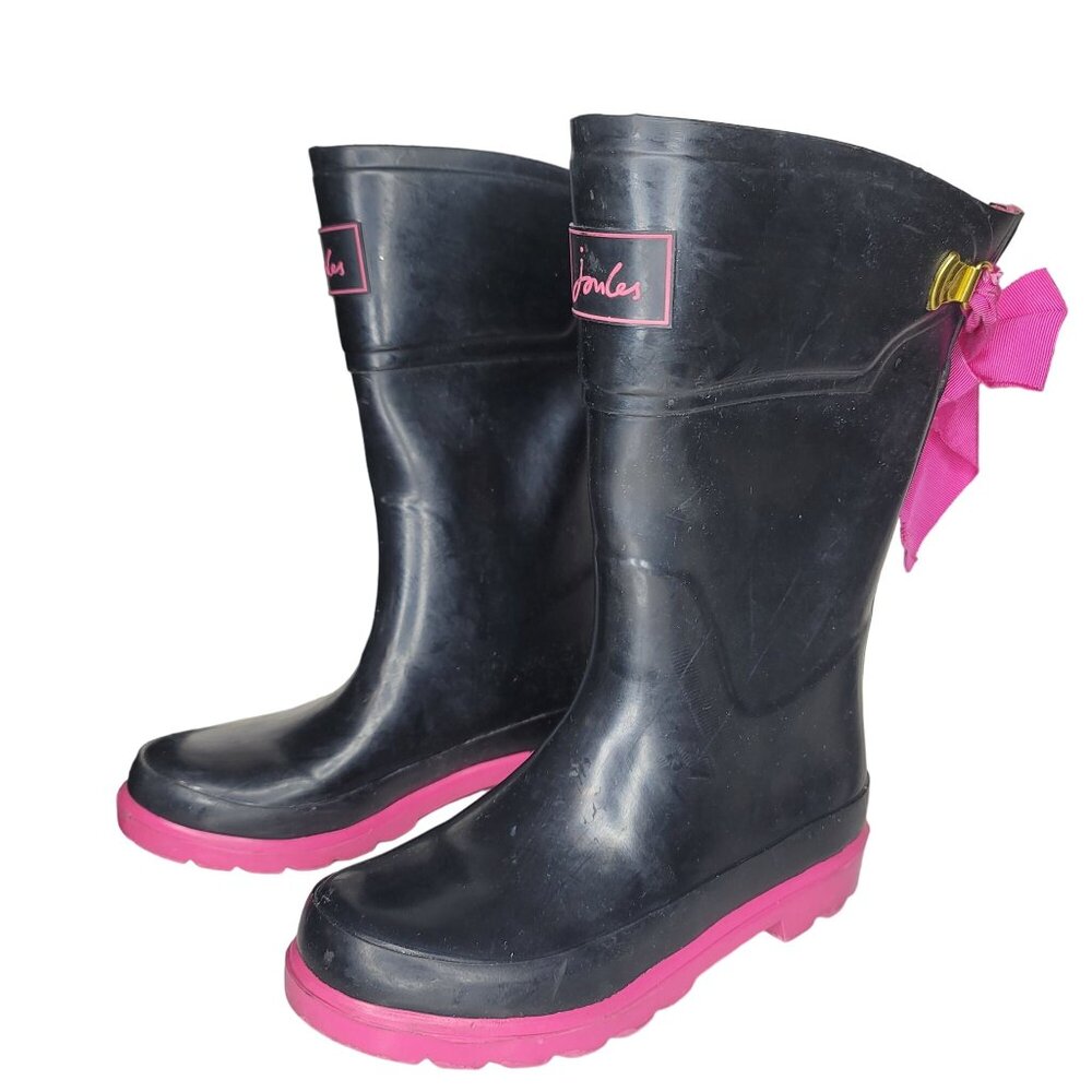 Joules Girls' blue black Pink Bow Wellies Rain Boots winter wellies US 2